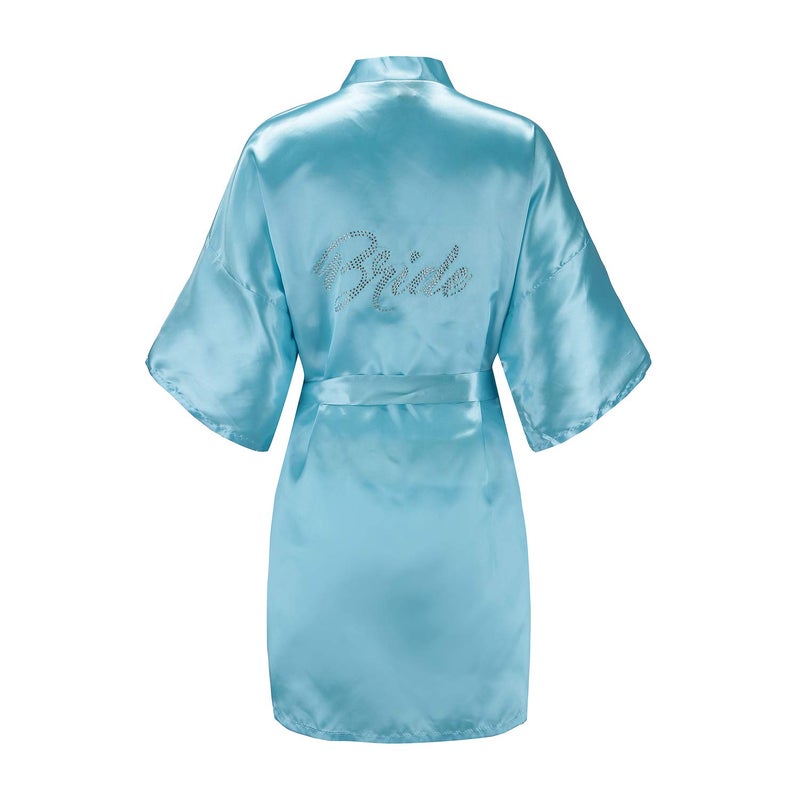 EPLAZA Women's One Size Silver Rhinestones Bride Bridesmaid Short Satin Robes for Wedding Party Getting Ready (Acid Blue, Bride) - Image 1